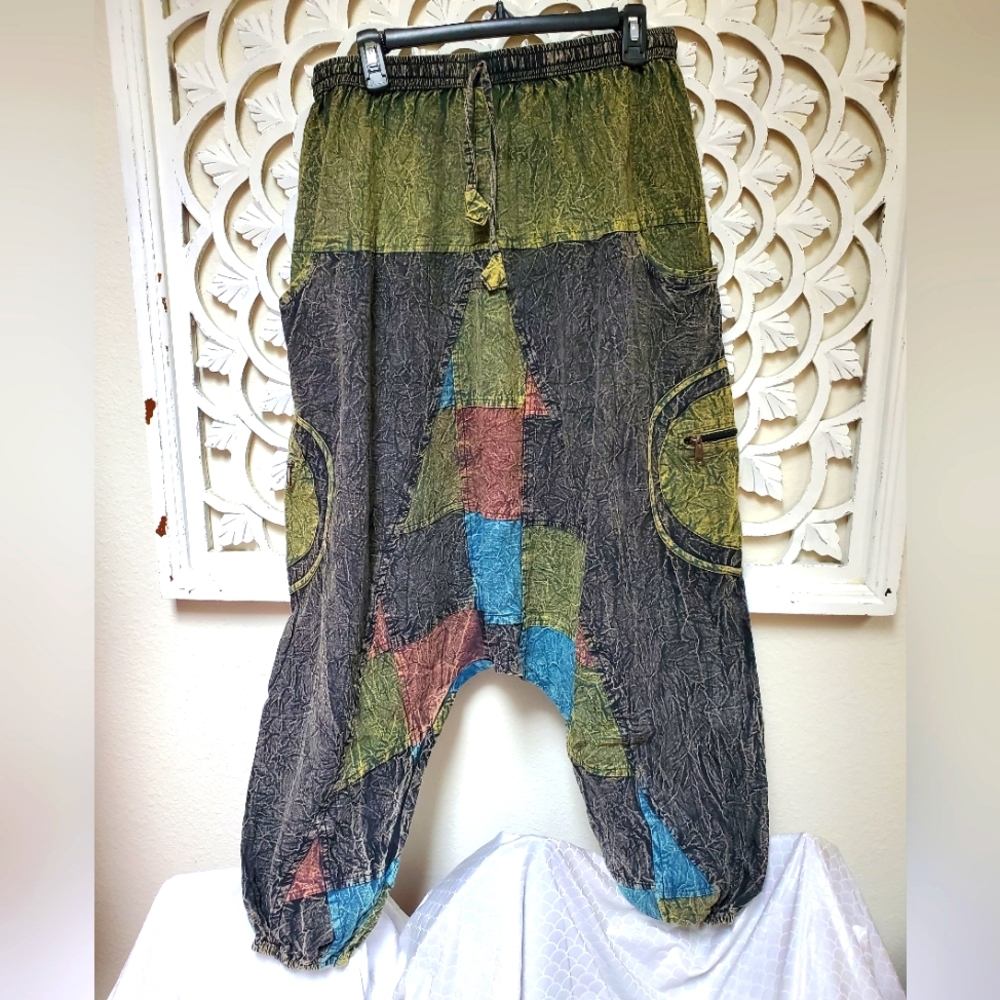 Stone Gray Patchwork Haram Drawstring Pants OSFM NWOT Drop Crotch